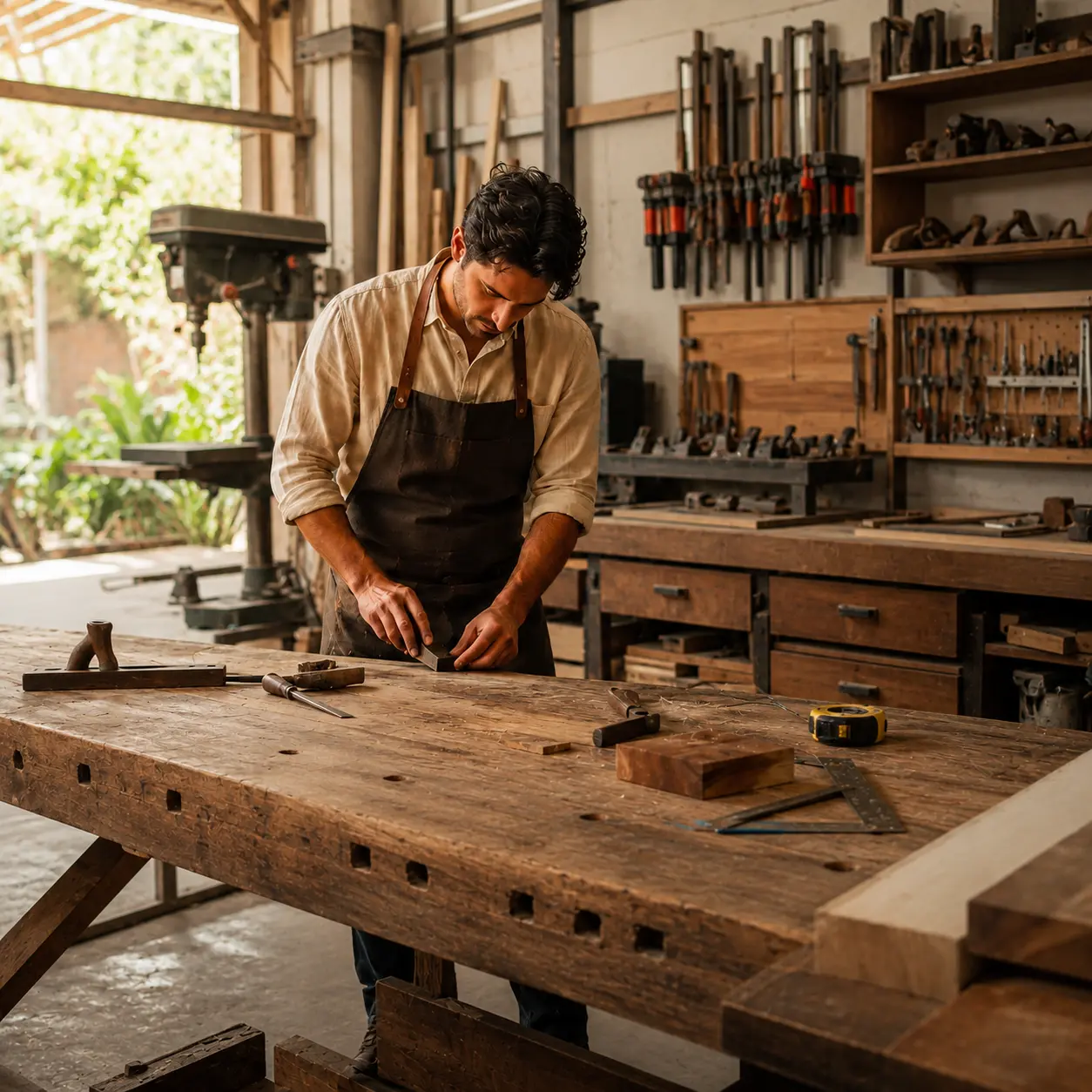 Artesano de Legado trabajando una pieza de madera en el taller