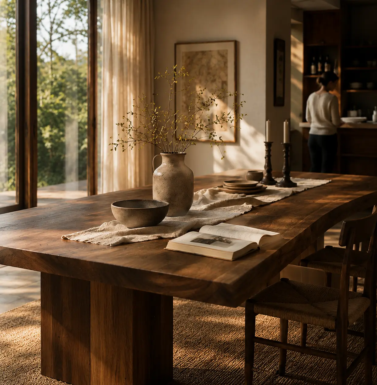 Comedor artesanal con mesa de madera, cerámica y luz natural