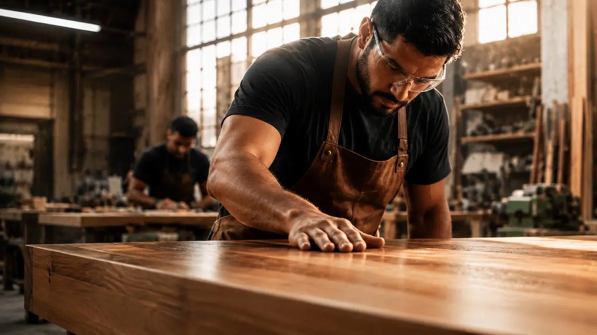 Artesano de Legado trabajando cuidadosamente una superficie de madera