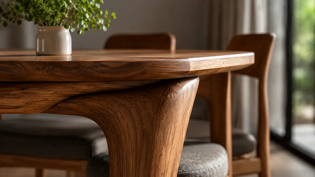 Detalle de una mesa de madera artesanal fabricada por Legado