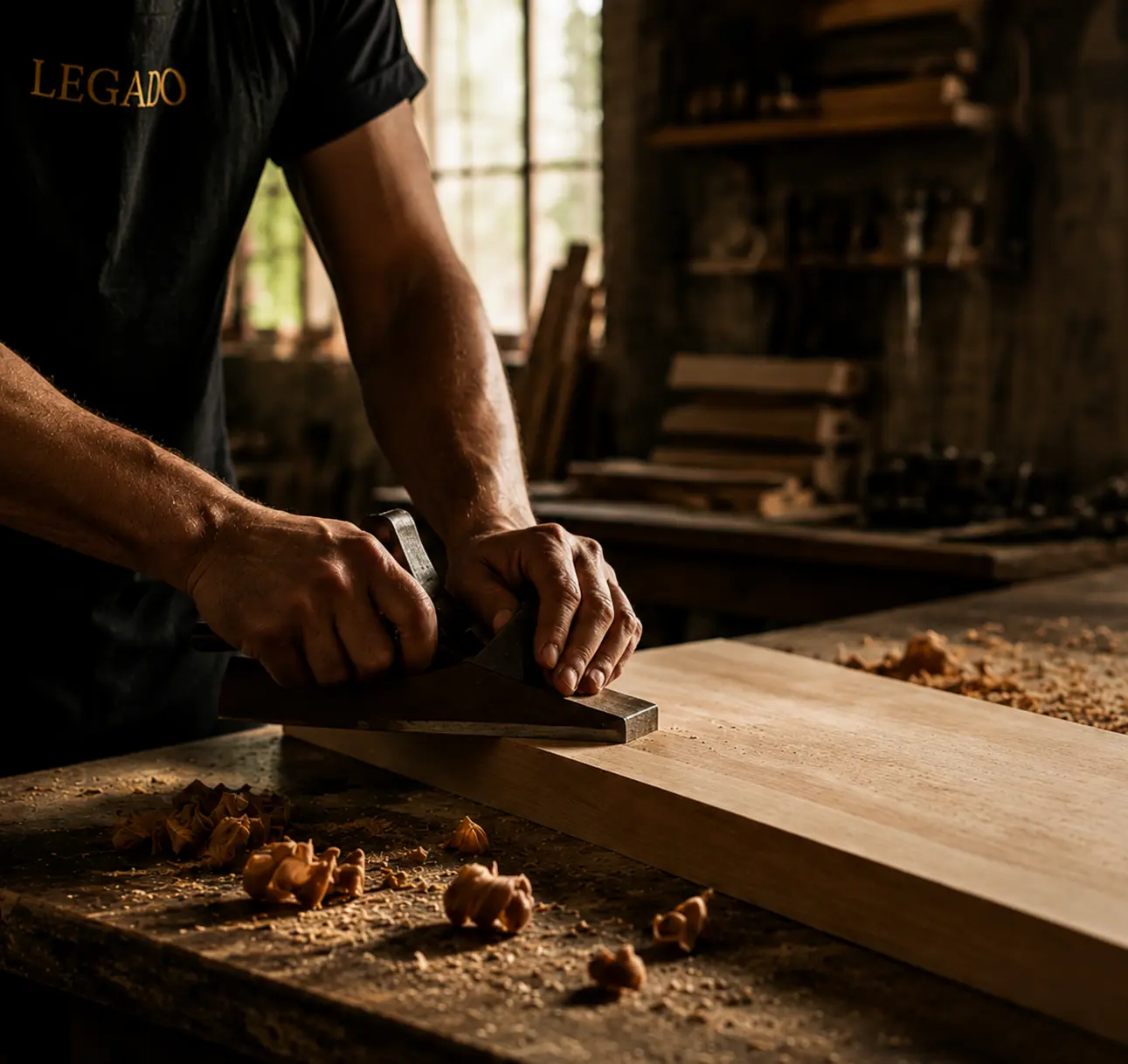 Artesano trabajando una tabla de madera con una herramienta manual
