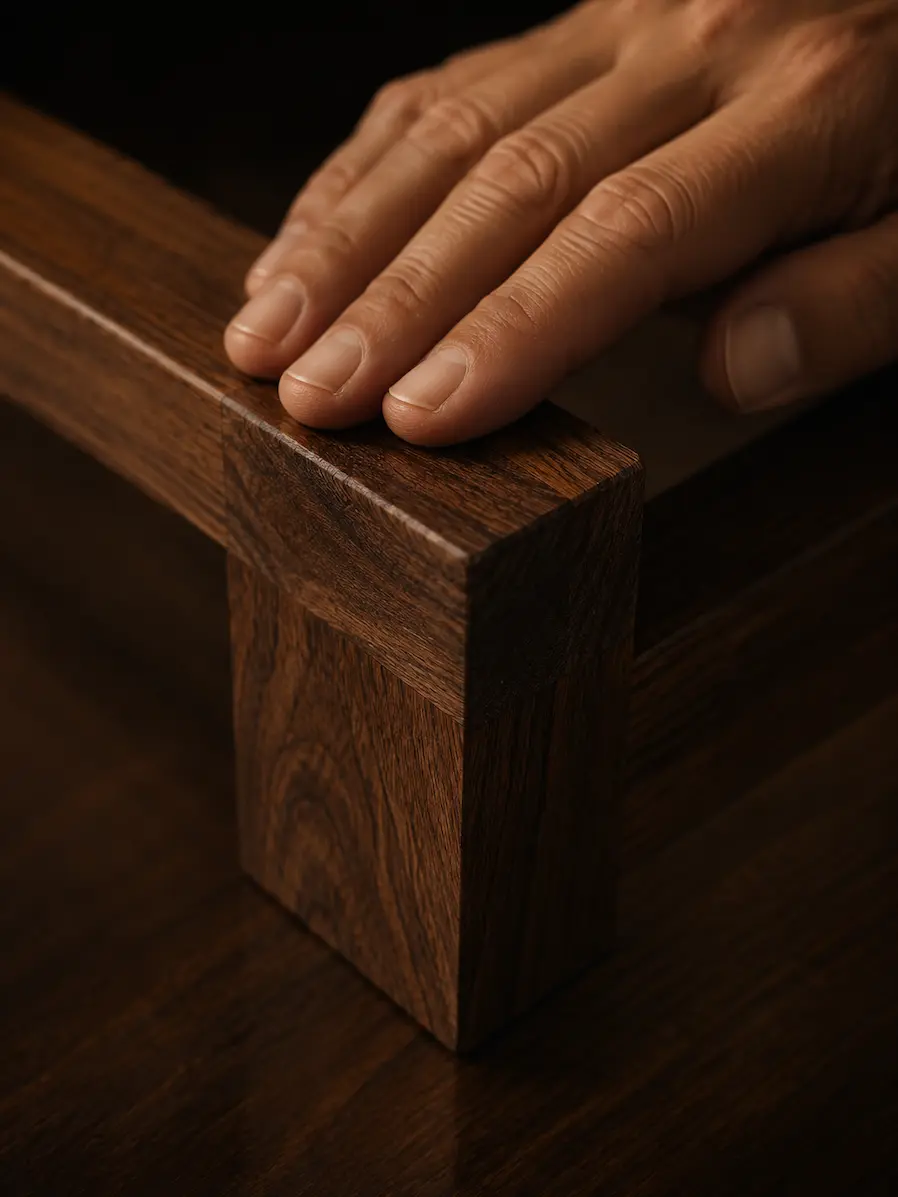 Detalle de manos trabajando una pieza de madera con precisión