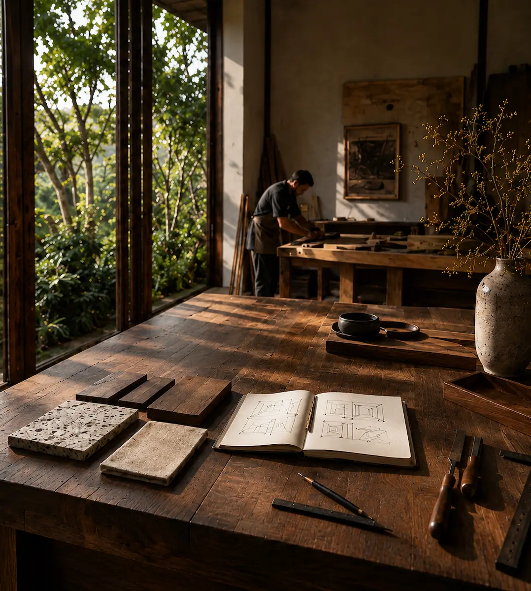 Taller de Legado con mesa de trabajo, muestras de madera y bocetos de diseño