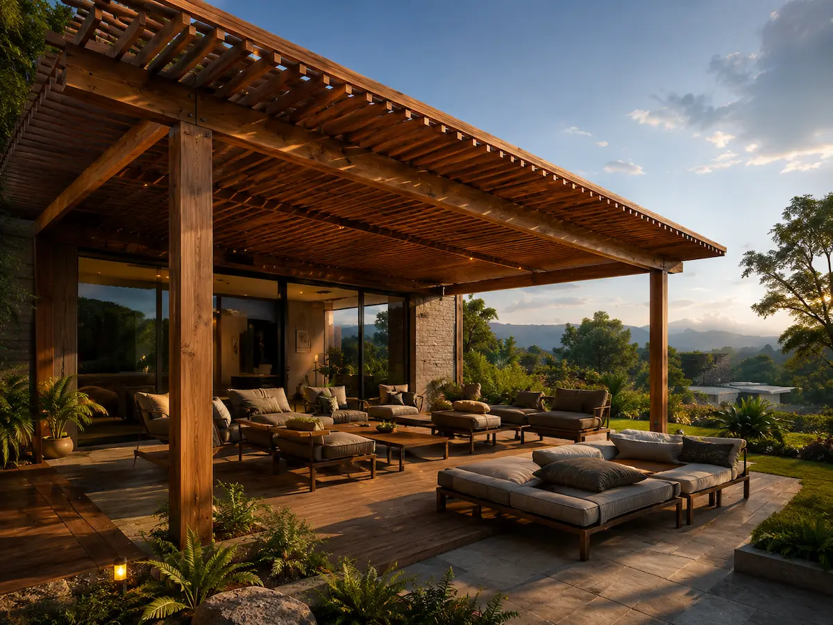 Pérgola exterior en madera diseñada a medida por LEGADO