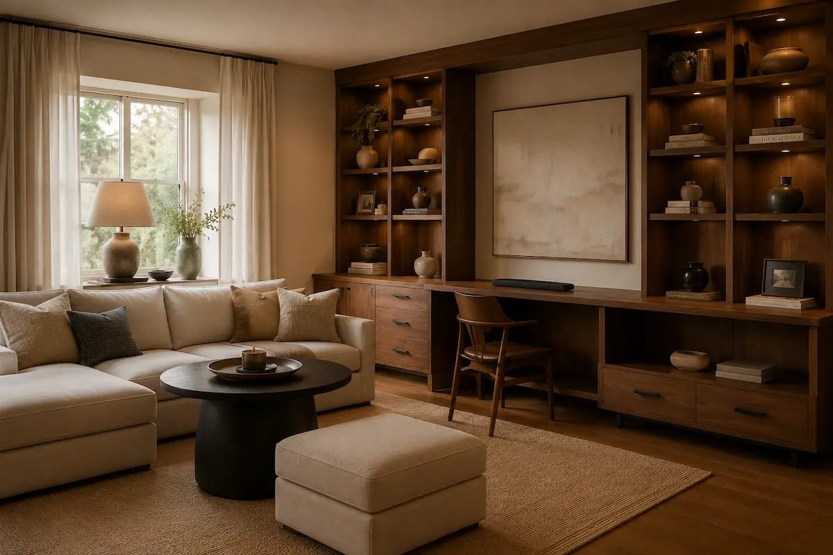 Proyecto Apartamento Aura con escritorio y mueble bajo en madera