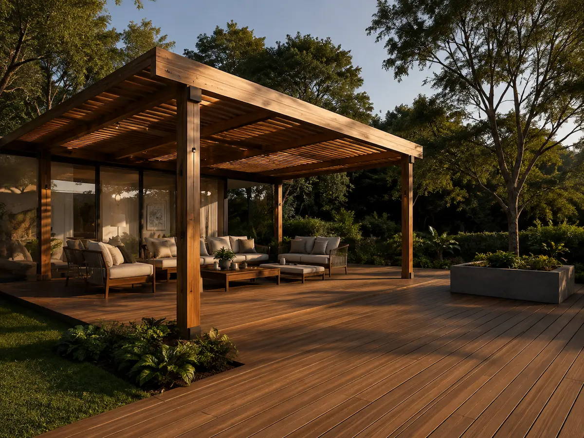 Casa Jardín con pérgola y deck exterior en madera