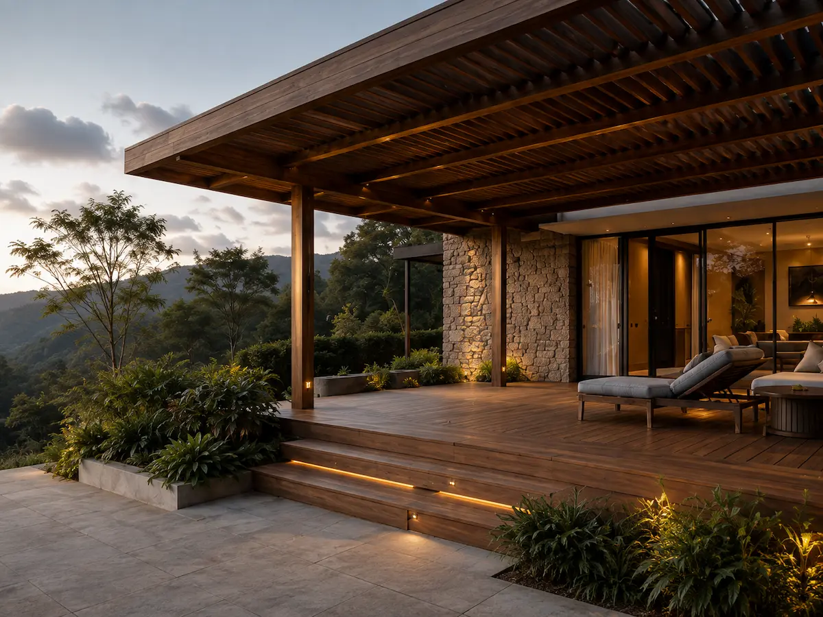 Terraza exterior con pérgola, deck y carpintería en madera diseñada por LEGADO