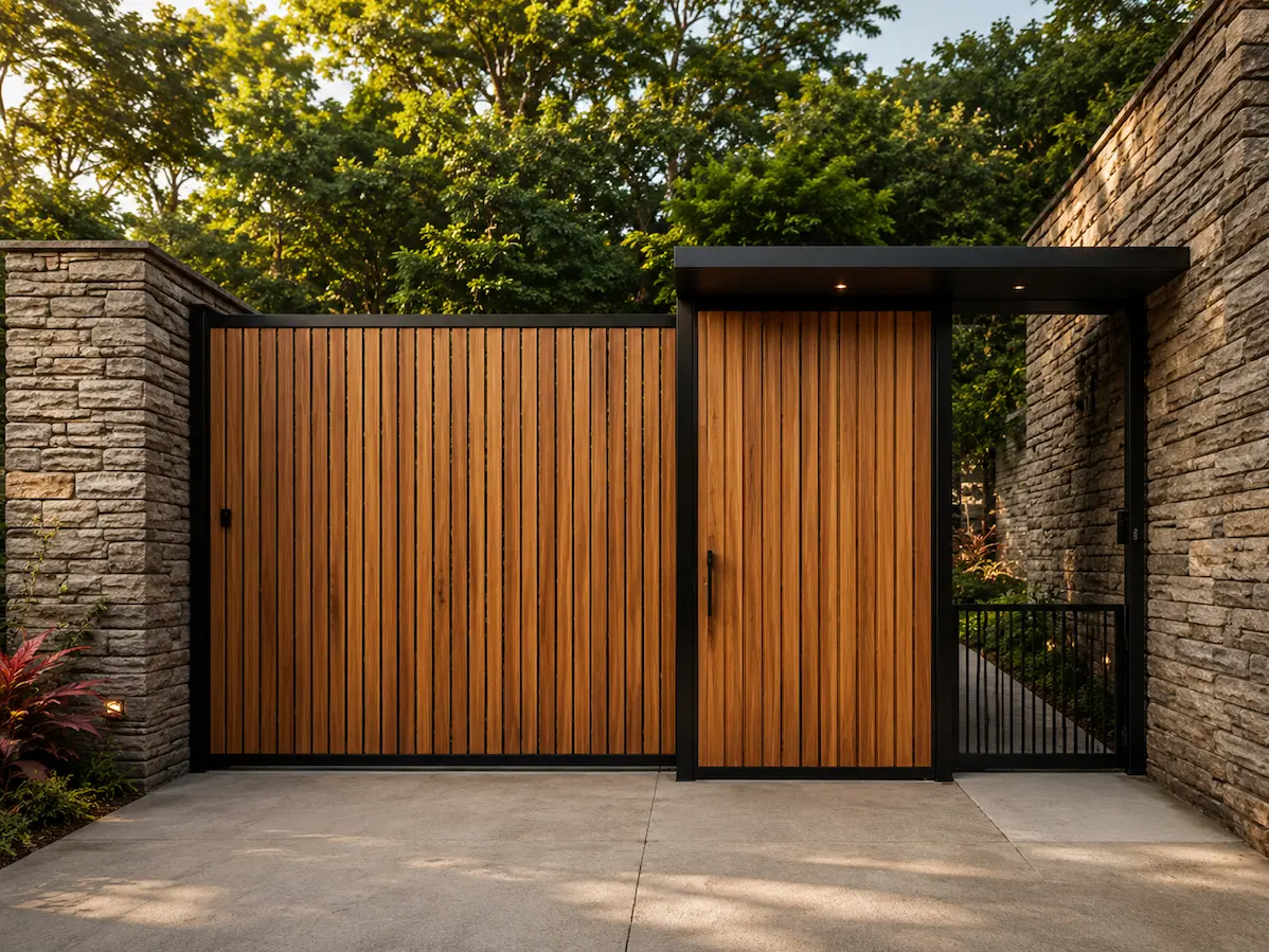 Casa Ladera con portón y cerramiento exterior en madera